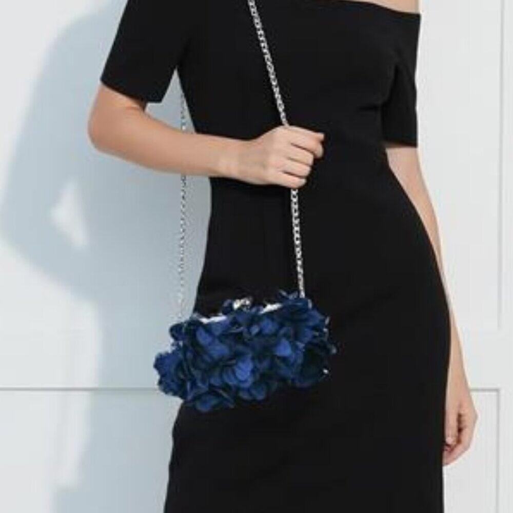 Elegant Blue Evening Purse Small Floral Clutch Bag with Detachable Chain Strap
